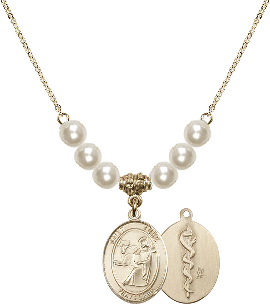 14kt Gold Filled Saint Luke the Apostle / Doctor Birthstone Necklace with Faux-Pearl Beads - 8068