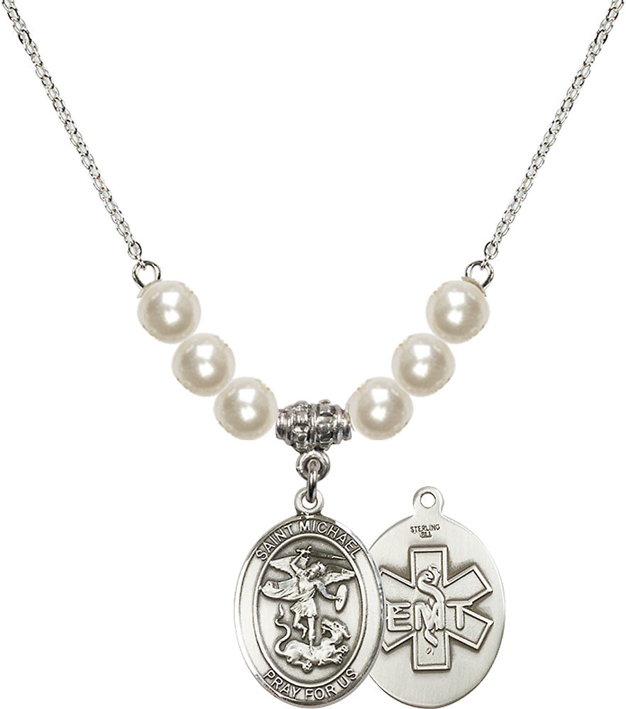 Sterling Silver Saint Michael / EMT Birthstone Necklace with Faux-Pearl Beads - 8076