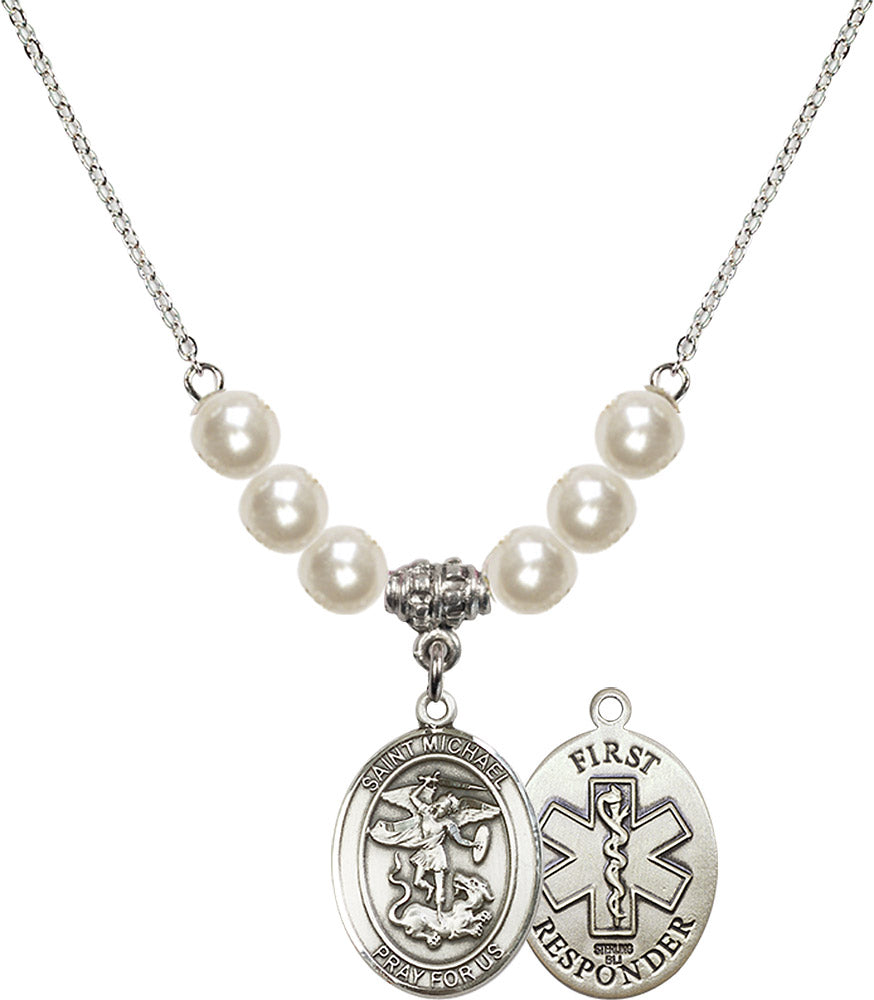 Sterling Silver Saint Michael/1St Responder Birthstone Necklace with Faux-Pearl Beads - 8076