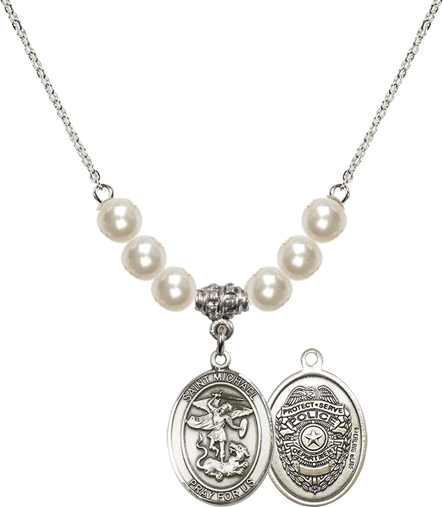 Sterling Silver Saint Michael / Policeman Birthstone Necklace with Faux-Pearl Beads - 8076