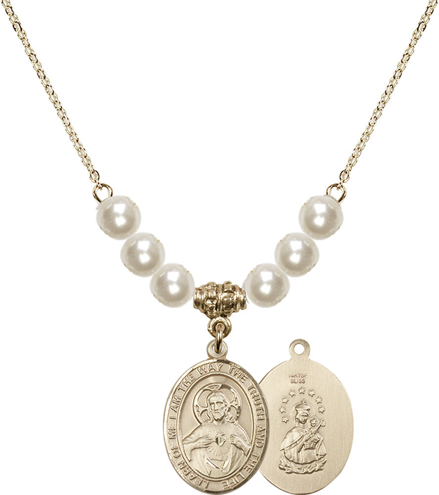 14kt Gold Filled Scapular Birthstone Necklace with Faux-Pearl Beads - 8098