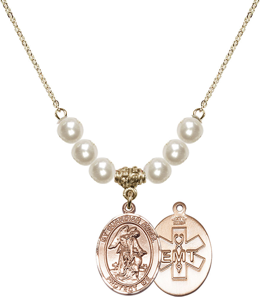 14kt Gold Filled Guardian Angel / EMT Birthstone Necklace with Faux-Pearl Beads - 8118