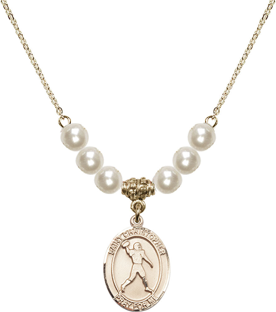 14kt Gold Filled Saint Christopher/Football Birthstone Necklace with Faux-Pearl Beads - 8151