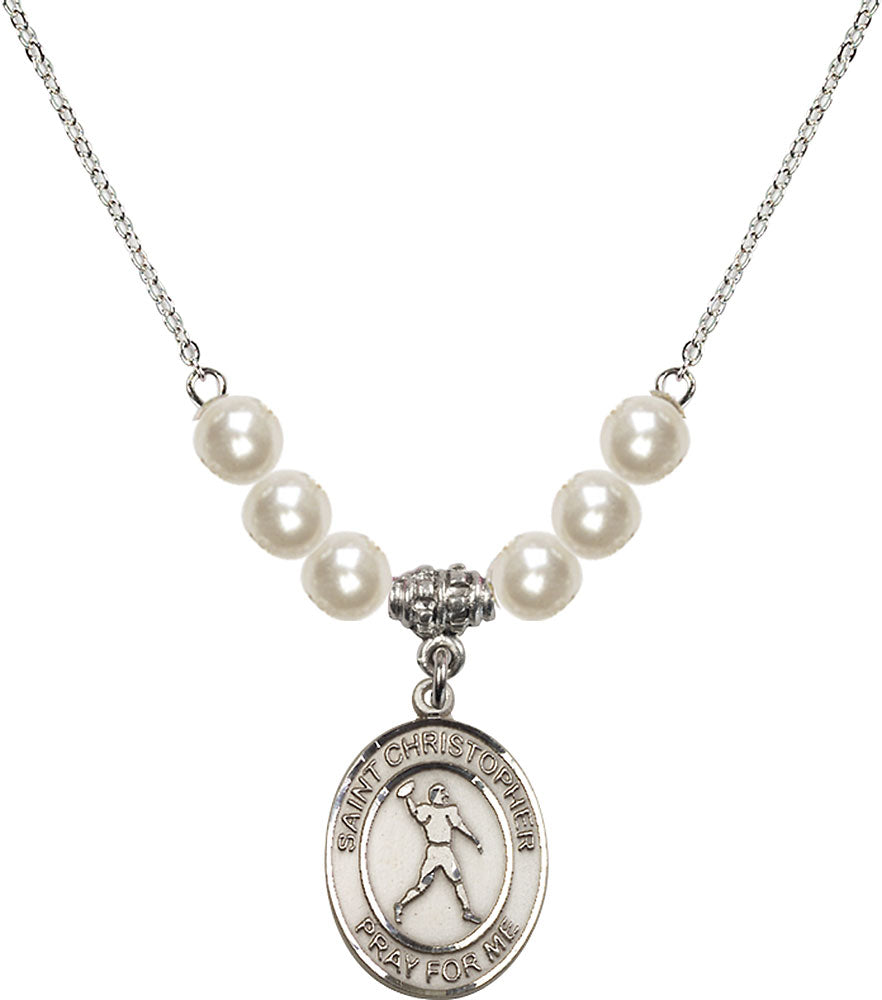 Sterling Silver Saint Christopher/Football Birthstone Necklace with Faux-Pearl Beads - 8151