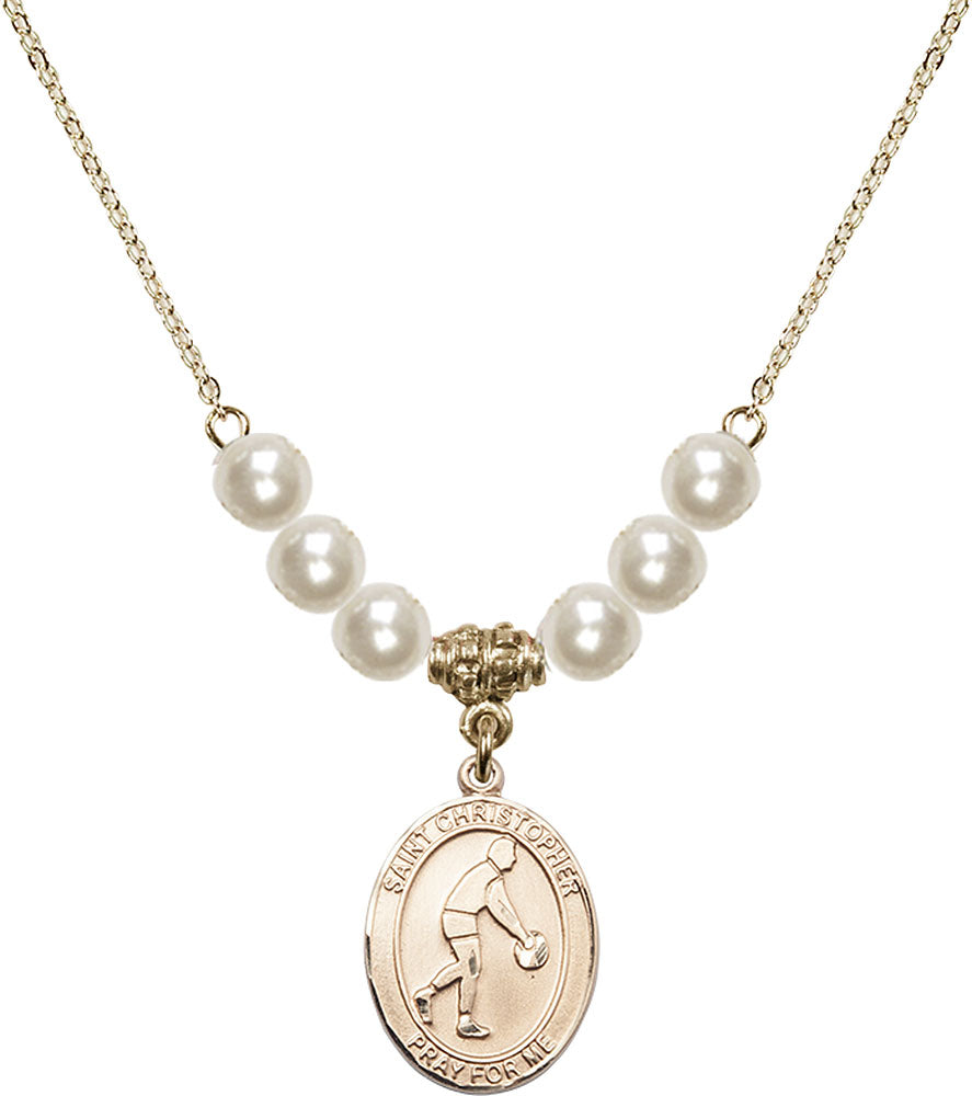 14kt Gold Filled Saint Christopher/Basketball Birthstone Necklace with Faux-Pearl Beads - 8153