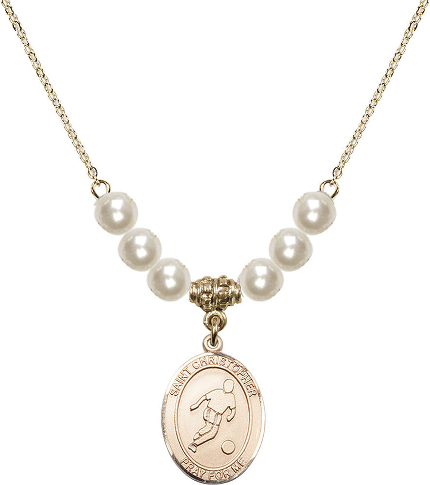 14kt Gold Filled Saint Christopher/Soccer Birthstone Necklace with Faux-Pearl Beads - 8154