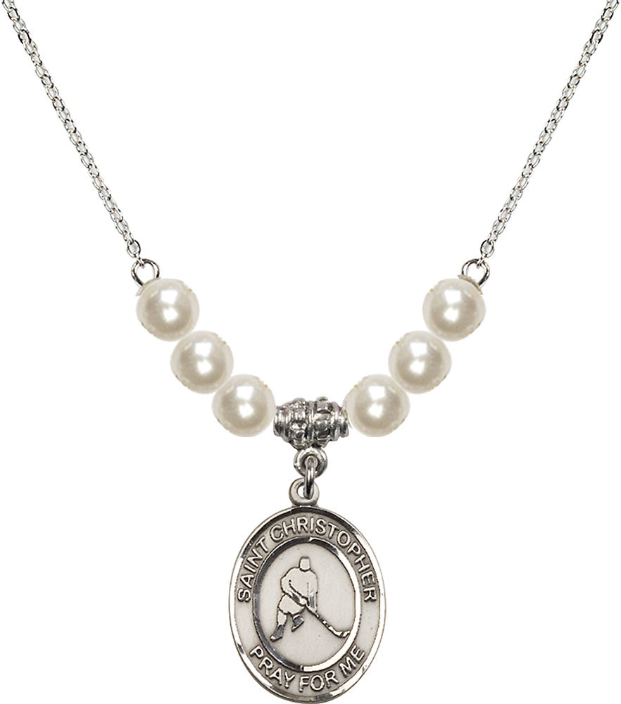 Sterling Silver Saint Christopher/Ice Hockey Birthstone Necklace with Faux-Pearl Beads - 8155