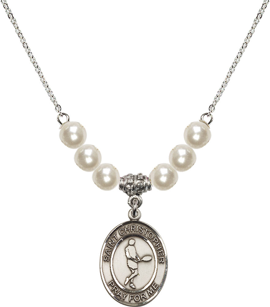 Sterling Silver Saint Christopher/Tennis Birthstone Necklace with Faux-Pearl Beads - 8156