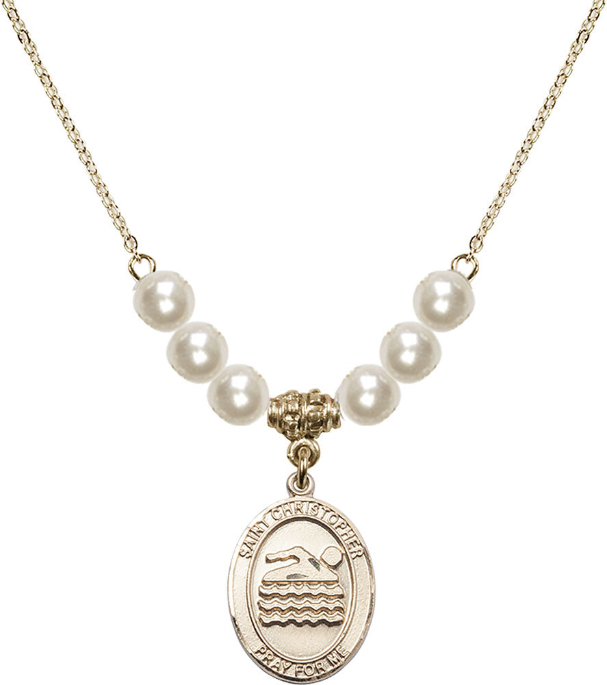 14kt Gold Filled Saint Christopher/Swimming Birthstone Necklace with Faux-Pearl Beads - 8157