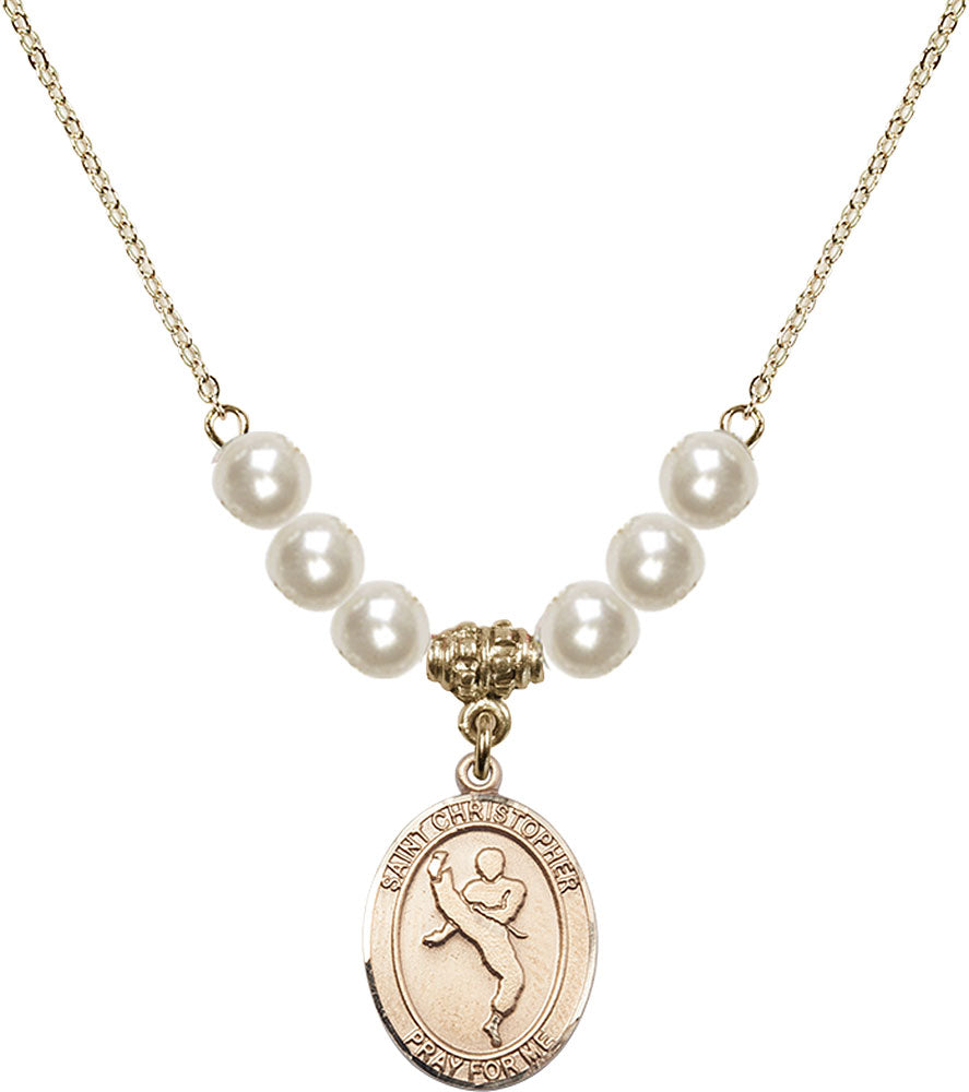 14kt Gold Filled Saint Christopher/Martial Arts Birthstone Necklace with Faux-Pearl Beads - 8158