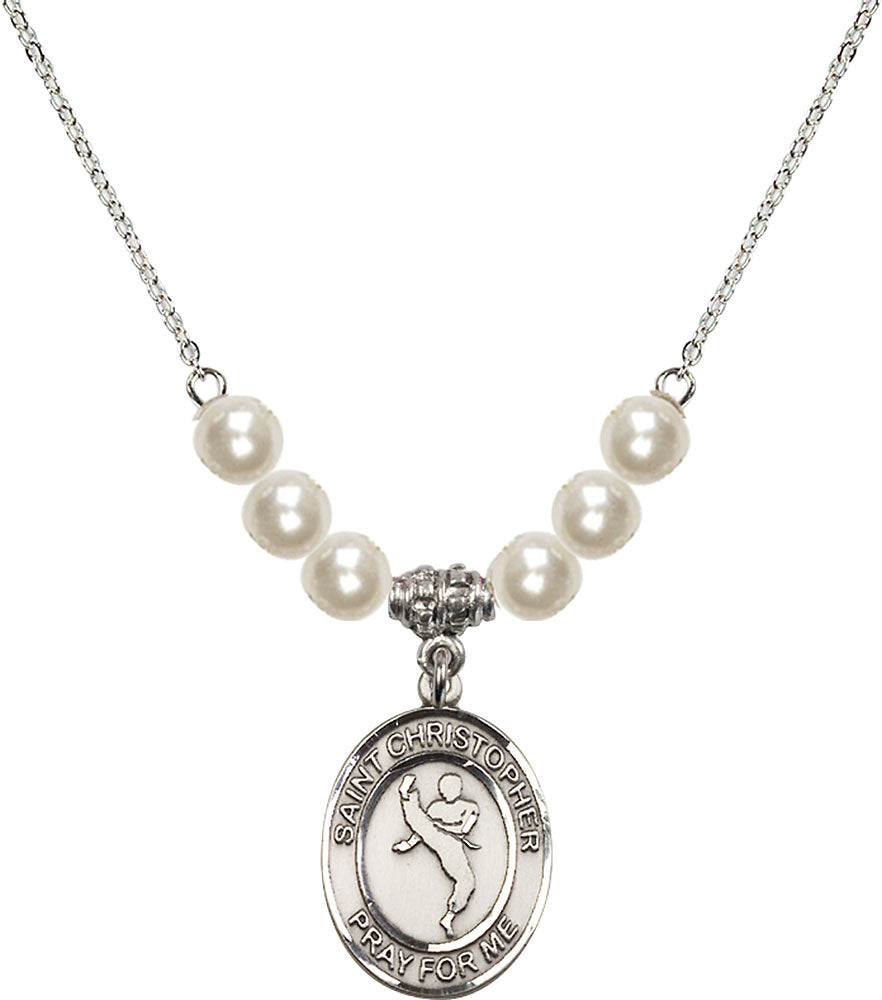 Sterling Silver Saint Christopher/Martial Arts Birthstone Necklace with Faux-Pearl Beads - 8158