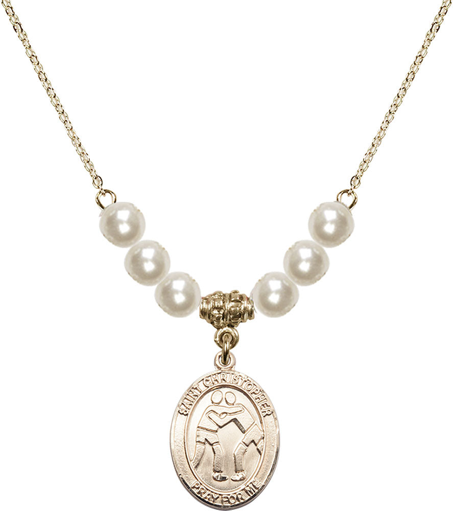 14kt Gold Filled Saint Christopher/Wrestling Birthstone Necklace with Faux-Pearl Beads - 8159