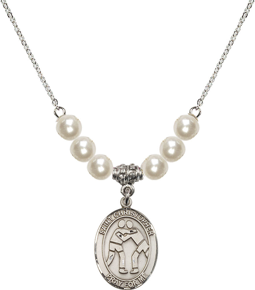 Sterling Silver Saint Christopher/Wrestling Birthstone Necklace with Faux-Pearl Beads - 8159