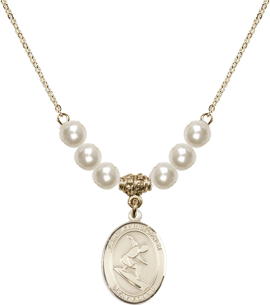 14kt Gold Filled Saint Christopher/Surfing Birthstone Necklace with Faux-Pearl Beads - 8184