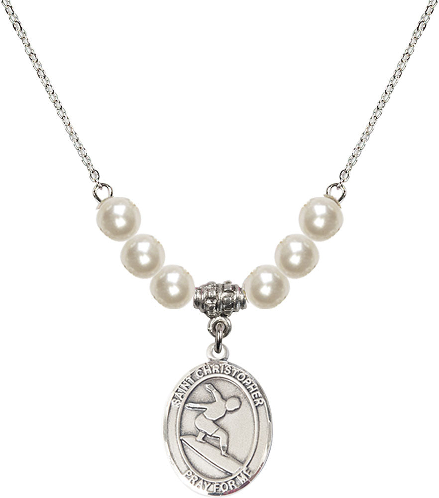 Sterling Silver Saint Christopher/Surfing Birthstone Necklace with Faux-Pearl Beads - 8184