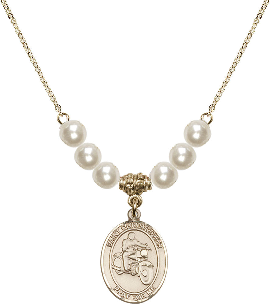 14kt Gold Filled Saint Christopher/Motorcycle Birthstone Necklace with Faux-Pearl Beads - 8185
