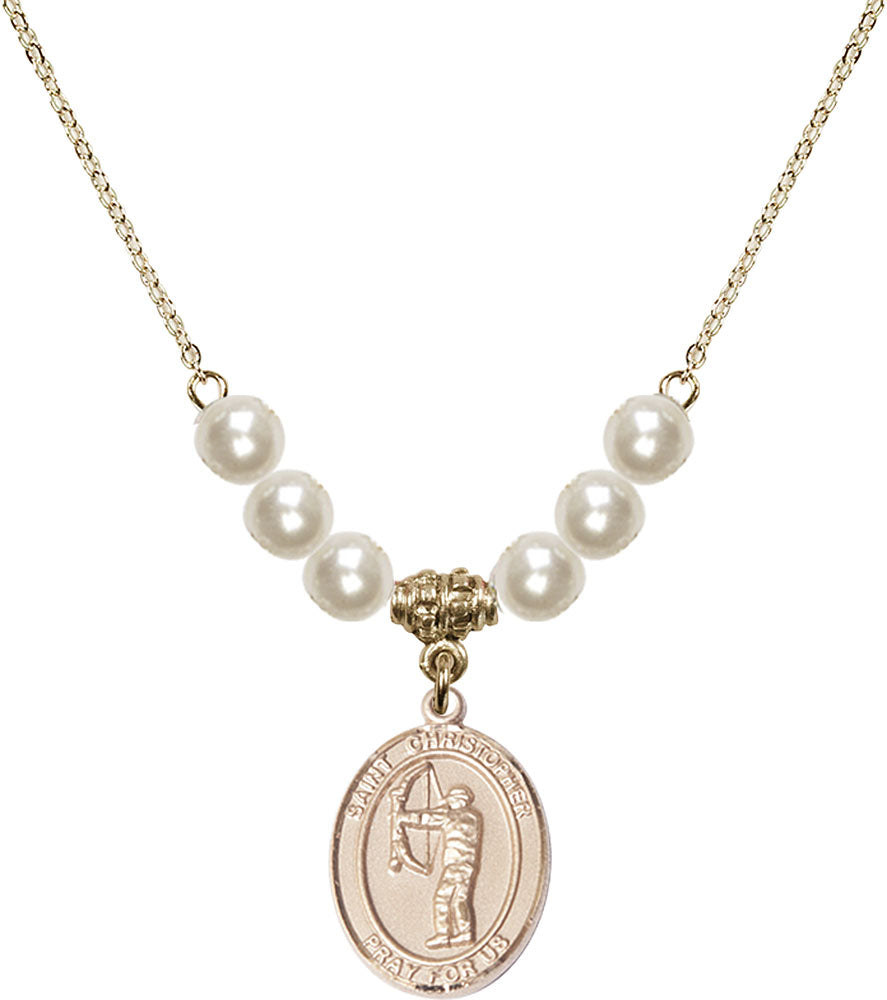 14kt Gold Filled Saint Christopher/Archery Birthstone Necklace with Faux-Pearl Beads - 8190