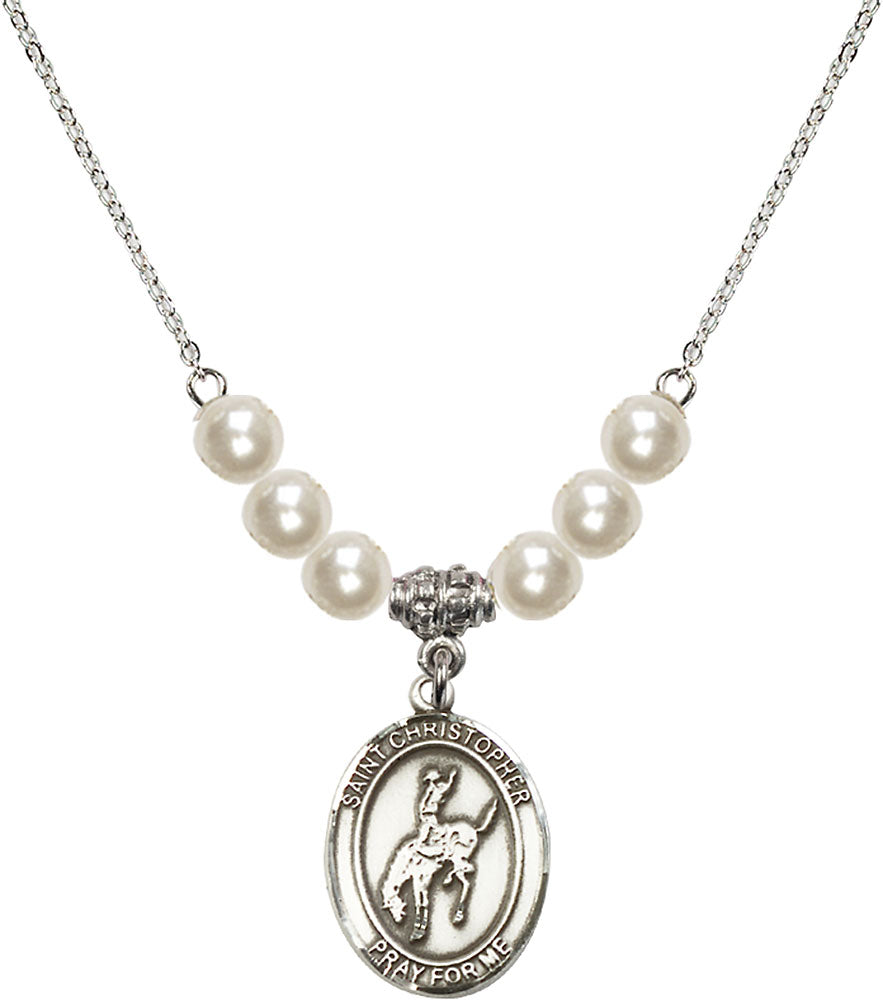 Sterling Silver Saint Christopher / Rodeo Birthstone Necklace with Faux-Pearl Beads - 8192