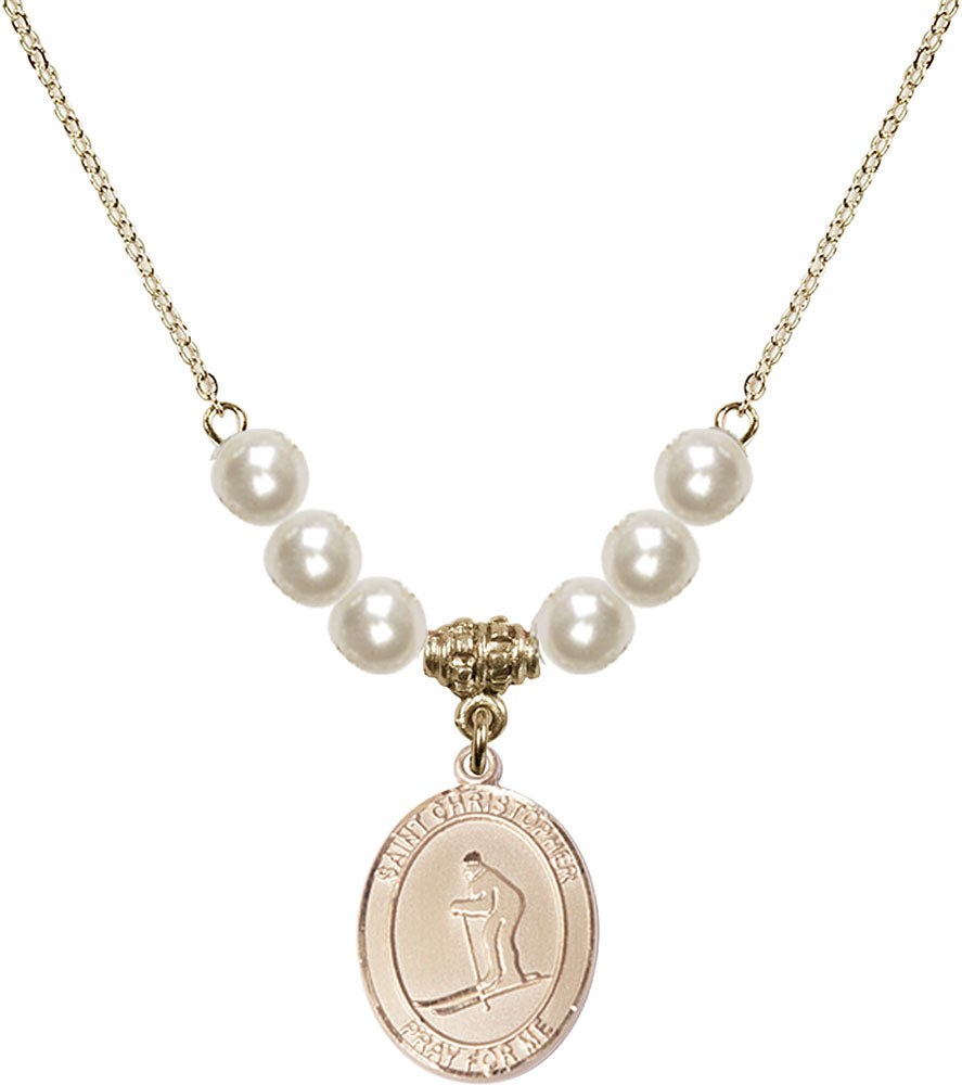 14kt Gold Filled Saint Christopher / Skiing Birthstone Necklace with Faux-Pearl Beads - 8193