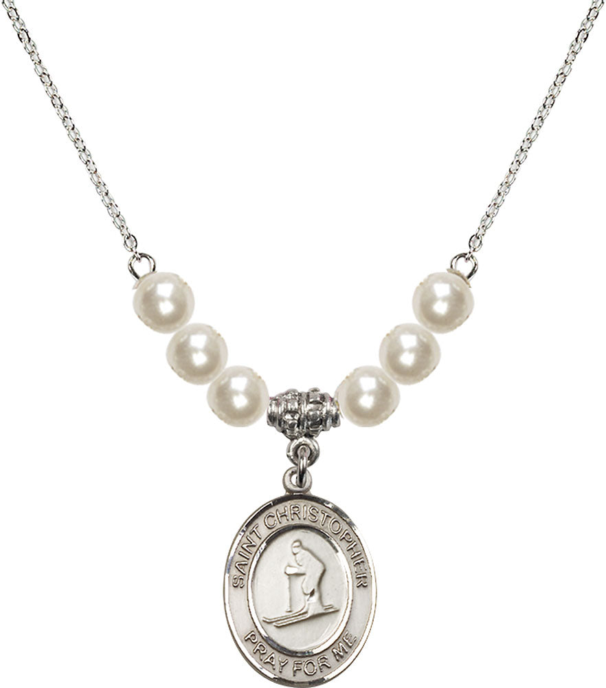 Sterling Silver Saint Christopher / Skiing Birthstone Necklace with Faux-Pearl Beads - 8193