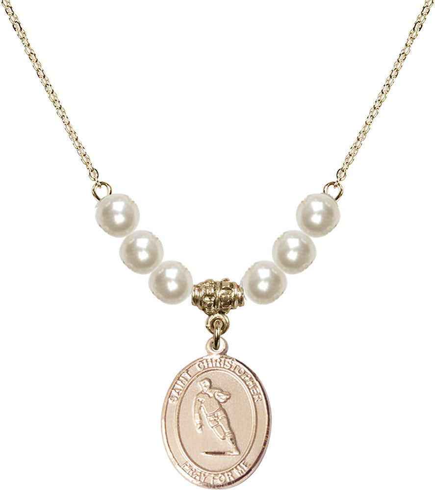 14kt Gold Filled Saint Christopher / Rugby Birthstone Necklace with Faux-Pearl Beads - 8194