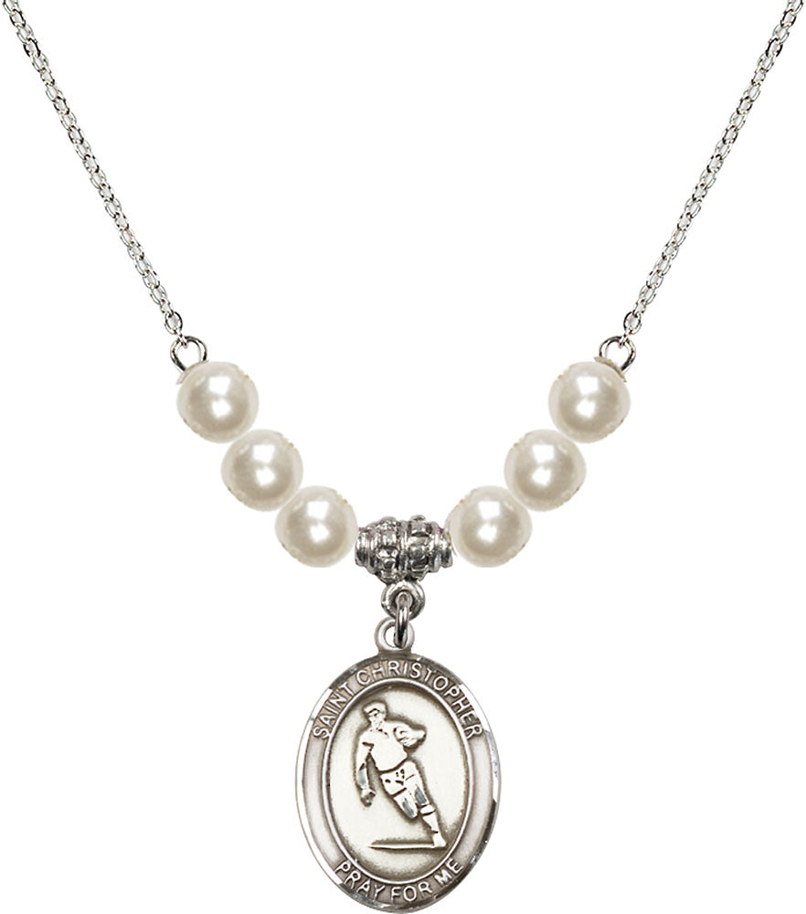 Sterling Silver Saint Christopher / Rugby Birthstone Necklace with Faux-Pearl Beads - 8194