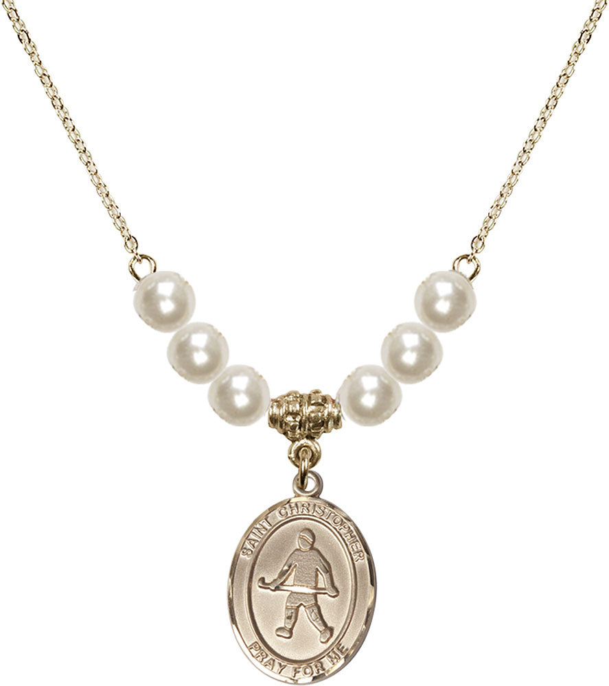 14kt Gold Filled Saint Christopher / Field Hockey Birthstone Necklace with Faux-Pearl Beads - 8195