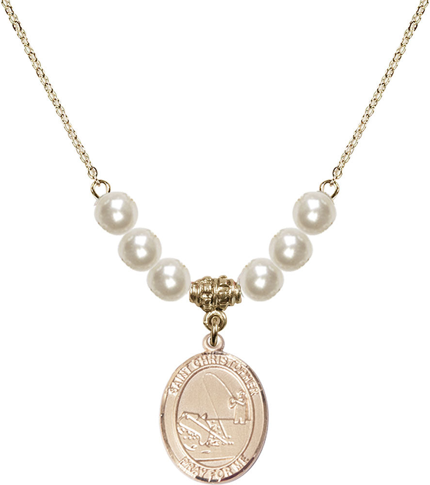 14kt Gold Filled Saint Christopher / Fishing Birthstone Necklace with Faux-Pearl Beads - 8196