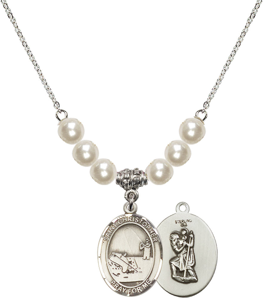 Sterling Silver Saint Christopher / Fishing Birthstone Necklace with Faux-Pearl Beads - 8196