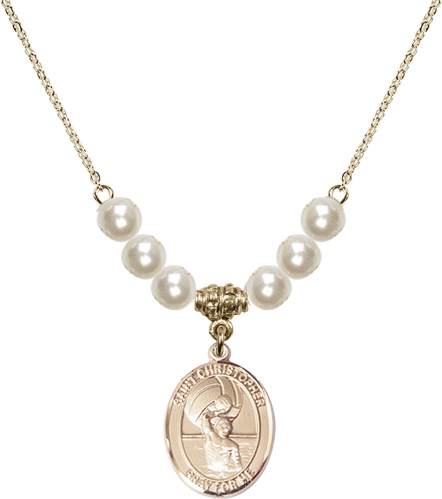 14kt Gold Filled Saint Christopher/Water Polo-Men Birthstone Necklace with Faux-Pearl Beads - 8198