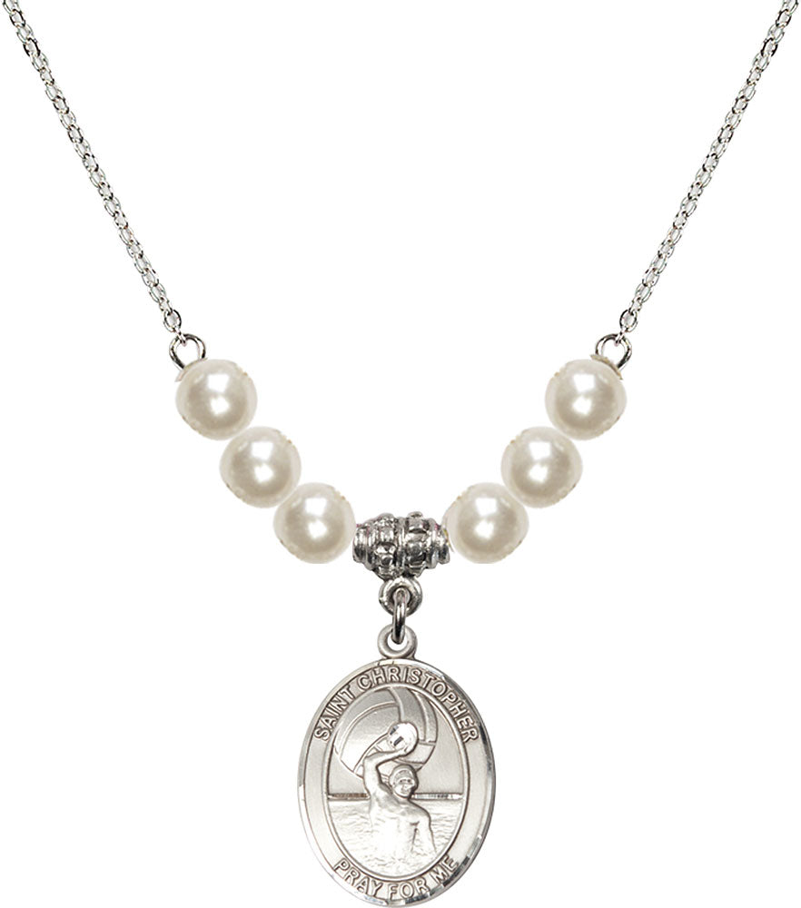 Sterling Silver Saint Christopher/Water Polo-Men Birthstone Necklace with Faux-Pearl Beads - 8198