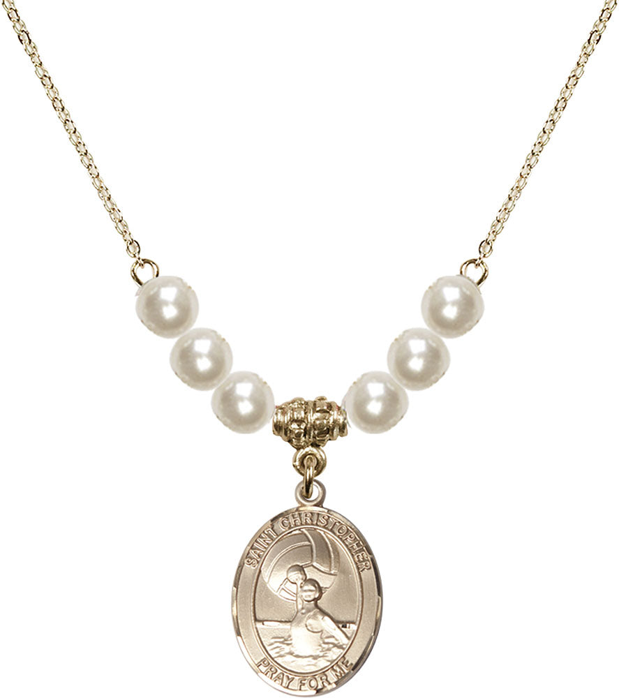14kt Gold Filled Saint Christopher/Water Polo-Women Birthstone Necklace with Faux-Pearl Beads - 8199