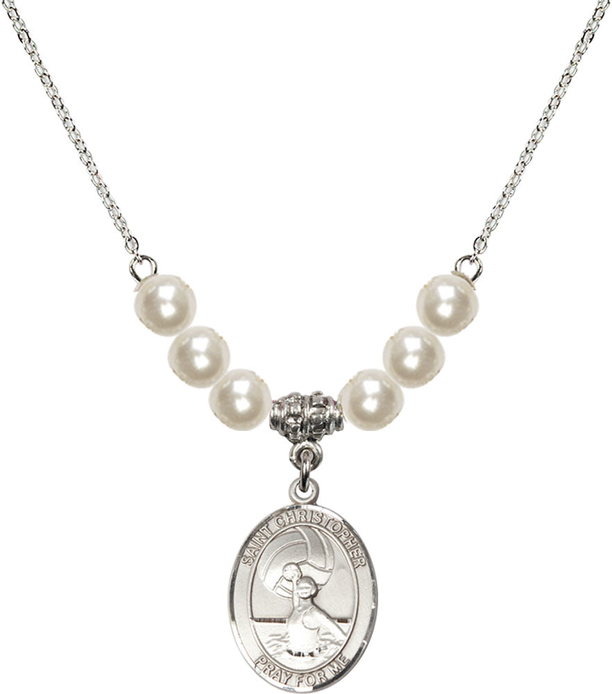 Sterling Silver Saint Christopher/Water Polo-Women Birthstone Necklace with Faux-Pearl Beads - 8199