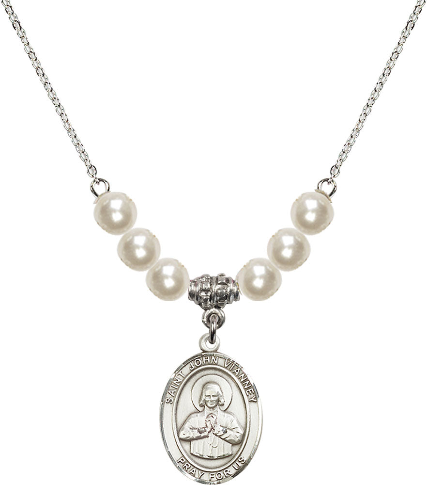 Sterling Silver Saint John Vianney Birthstone Necklace with Faux-Pearl Beads - 8282