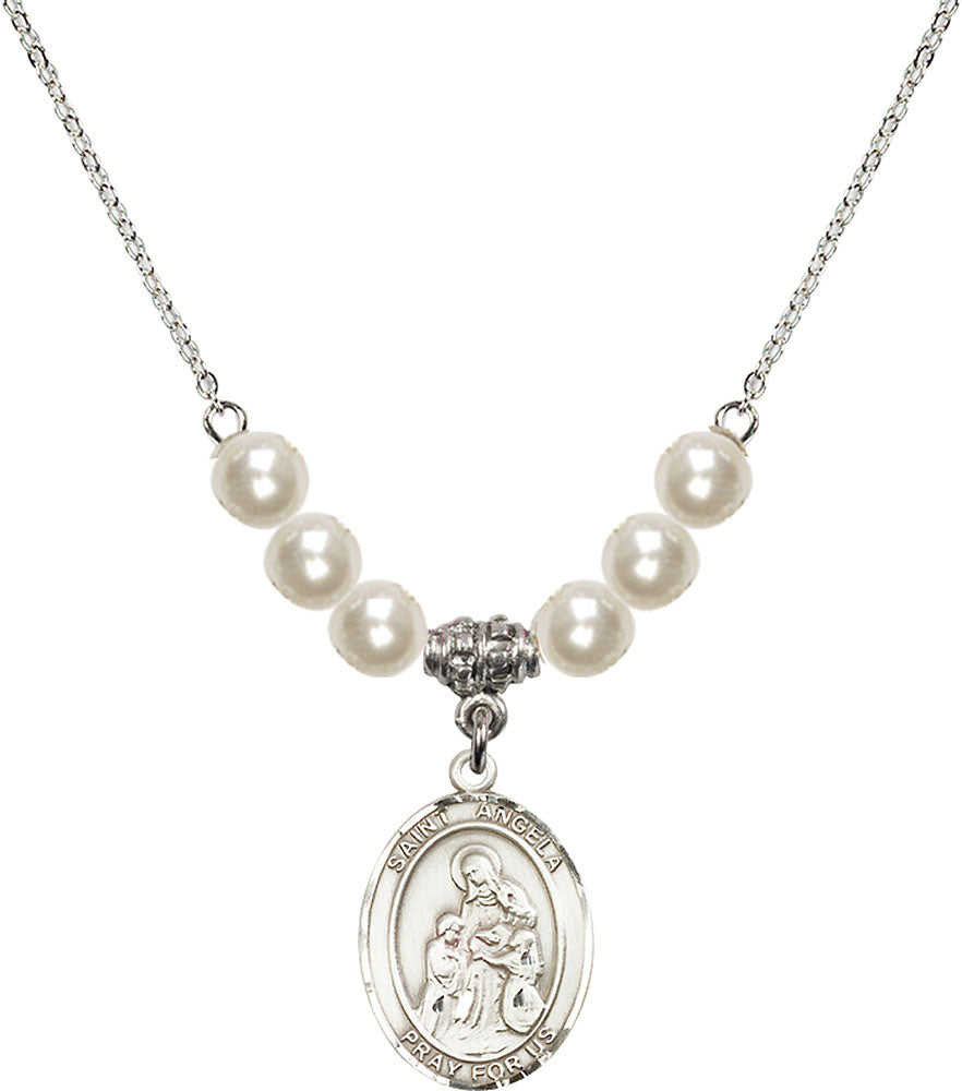 Sterling Silver Saint Angela Merici Birthstone Necklace with Faux-Pearl Beads - 8284