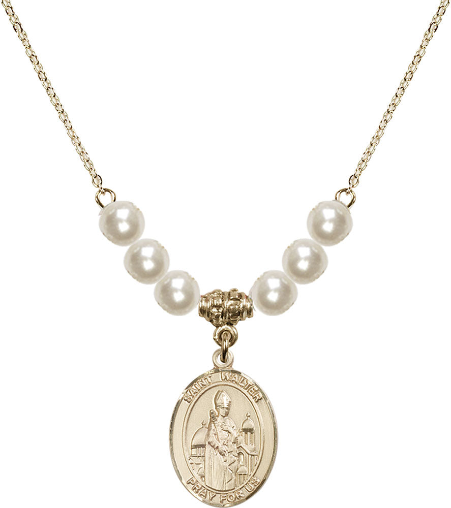 14kt Gold Filled Saint Walter of Pontoise Birthstone Necklace with Faux-Pearl Beads - 8285