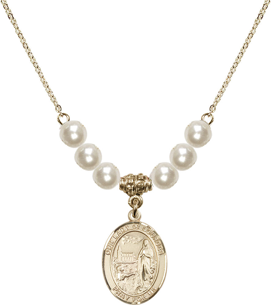 14kt Gold Filled Our Lady of Lourdes Birthstone Necklace with Faux-Pearl Beads - 8288