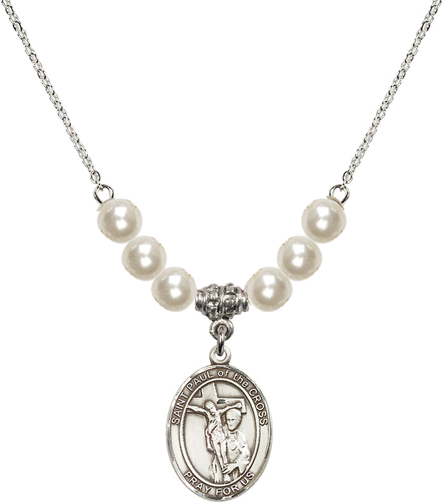 Sterling Silver Saint Paul of the Cross Birthstone Necklace with Faux-Pearl Beads - 8318