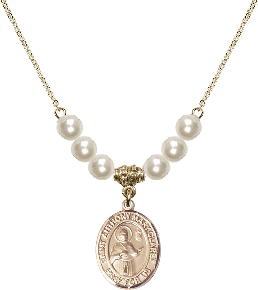 14kt Gold Filled Saint Anthony Mary Claret Birthstone Necklace with Faux-Pearl Beads - 8416