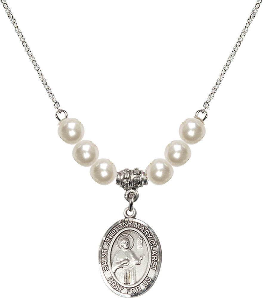 Sterling Silver Saint Anthony Mary Claret Birthstone Necklace with Faux-Pearl Beads - 8416