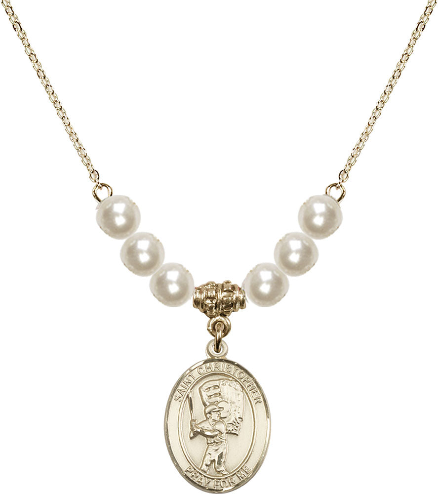 14kt Gold Filled Saint Christopher/Baseball Birthstone Necklace with Faux-Pearl Beads - 8500