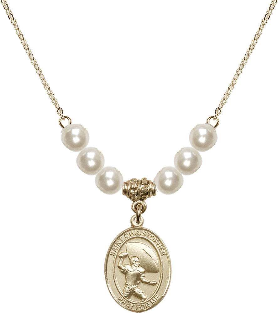 14kt Gold Filled Saint Christopher / Football Birthstone Necklace with Faux-Pearl Beads - 8501