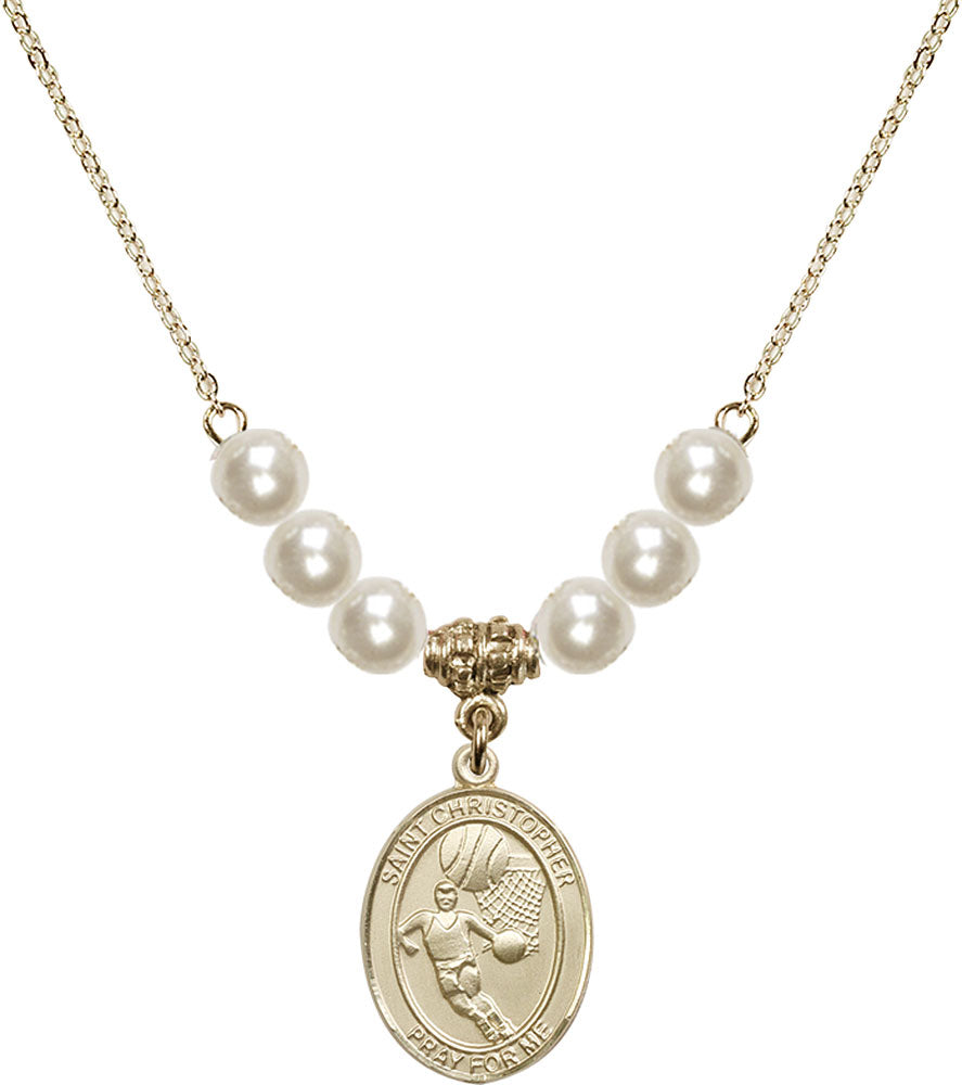 14kt Gold Filled Saint Christopher/Basketball Birthstone Necklace with Faux-Pearl Beads - 8502