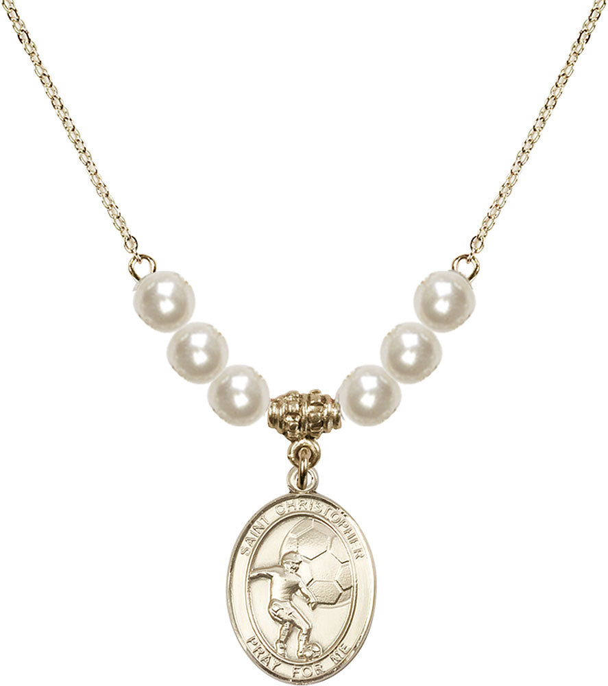 14kt Gold Filled Saint Christopher/Soccer Birthstone Necklace with Faux-Pearl Beads - 8503