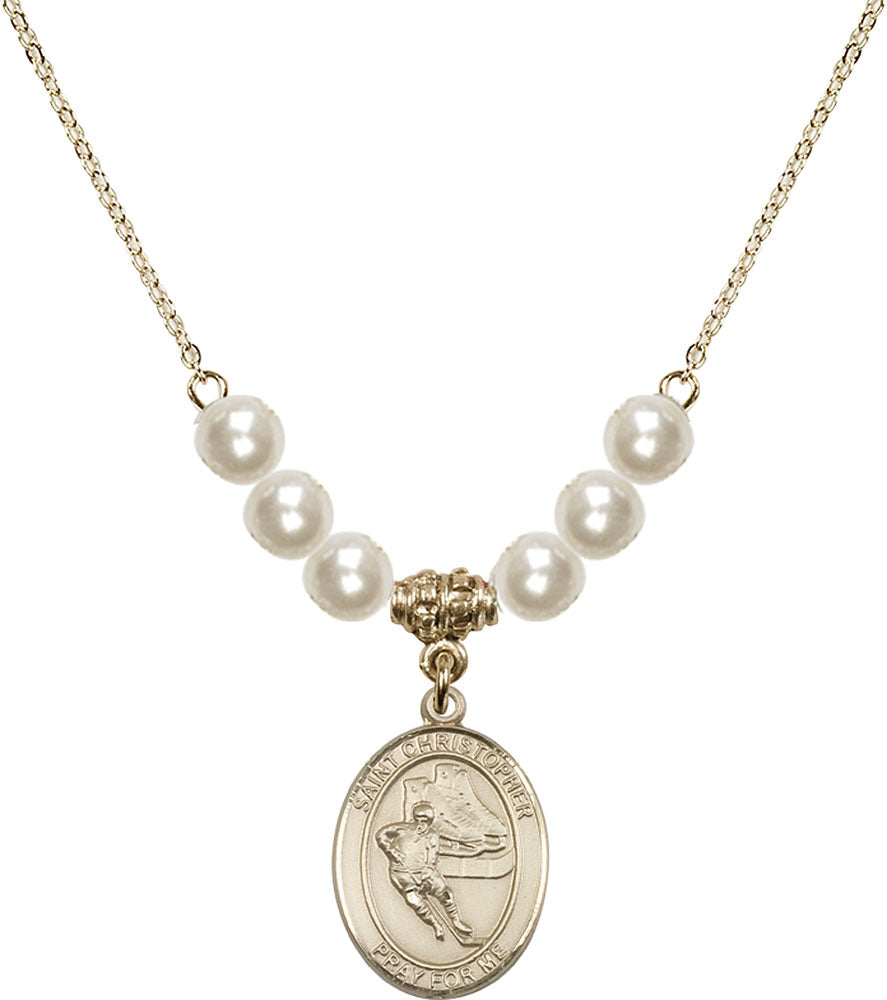 14kt Gold Filled Saint Christopher/Hockey Birthstone Necklace with Faux-Pearl Beads - 8504