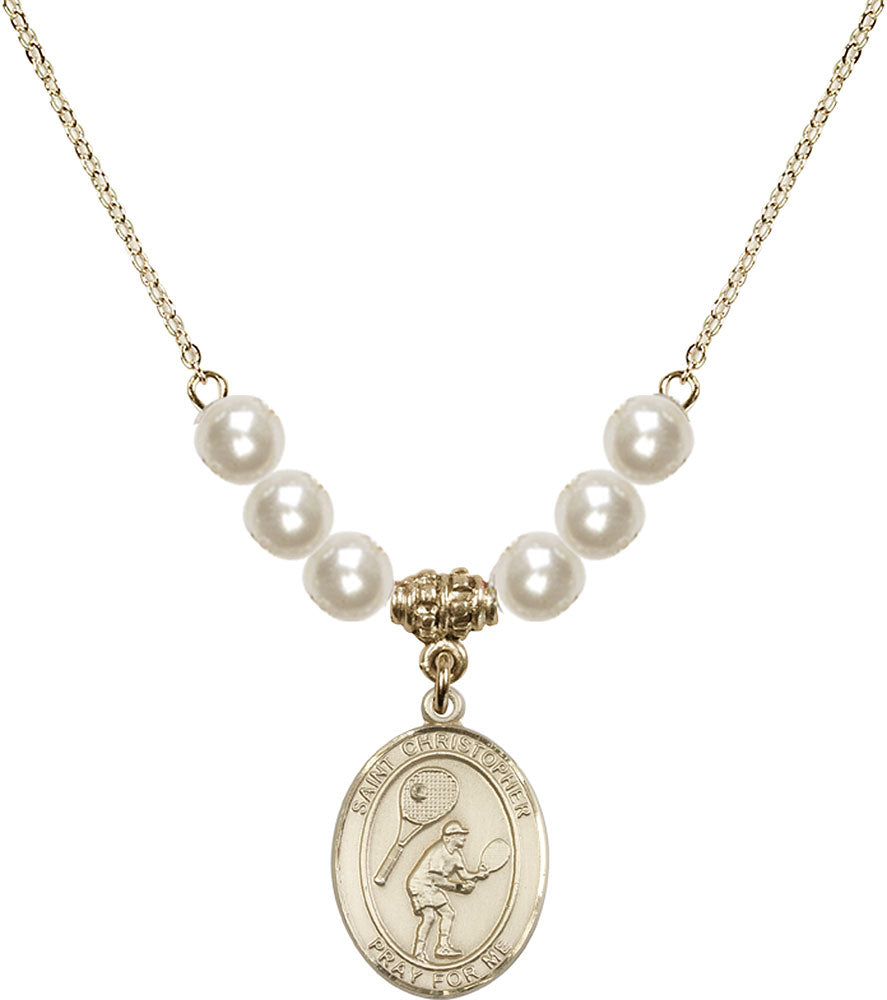 14kt Gold Filled Saint Christopher/Tennis Birthstone Necklace with Faux-Pearl Beads - 8505