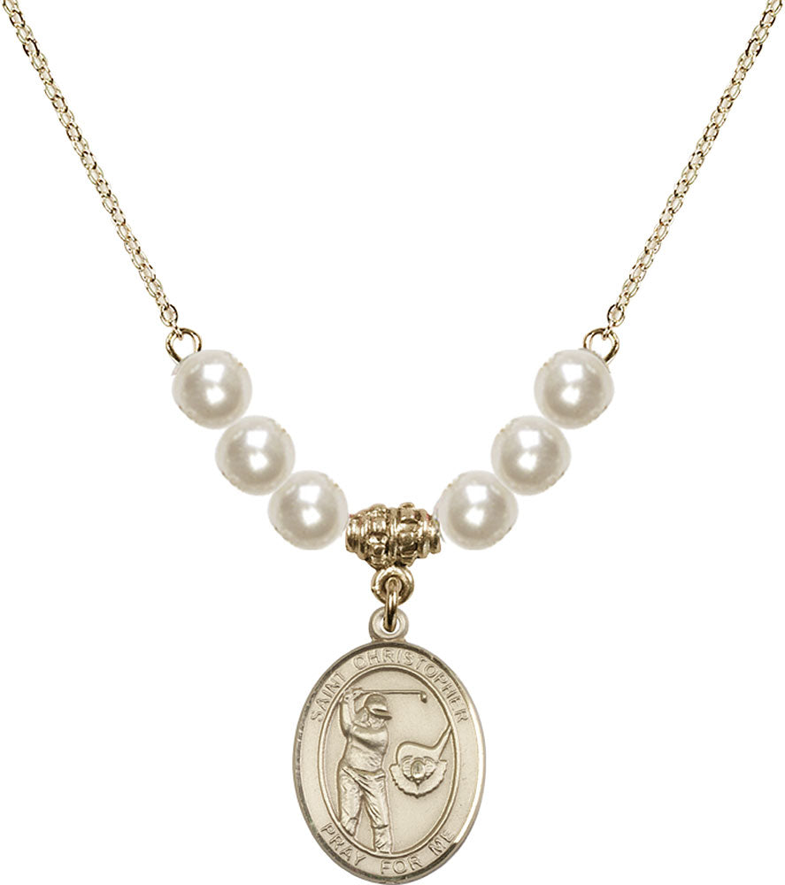 14kt Gold Filled Saint Christopher/Golf Birthstone Necklace with Faux-Pearl Beads - 8506