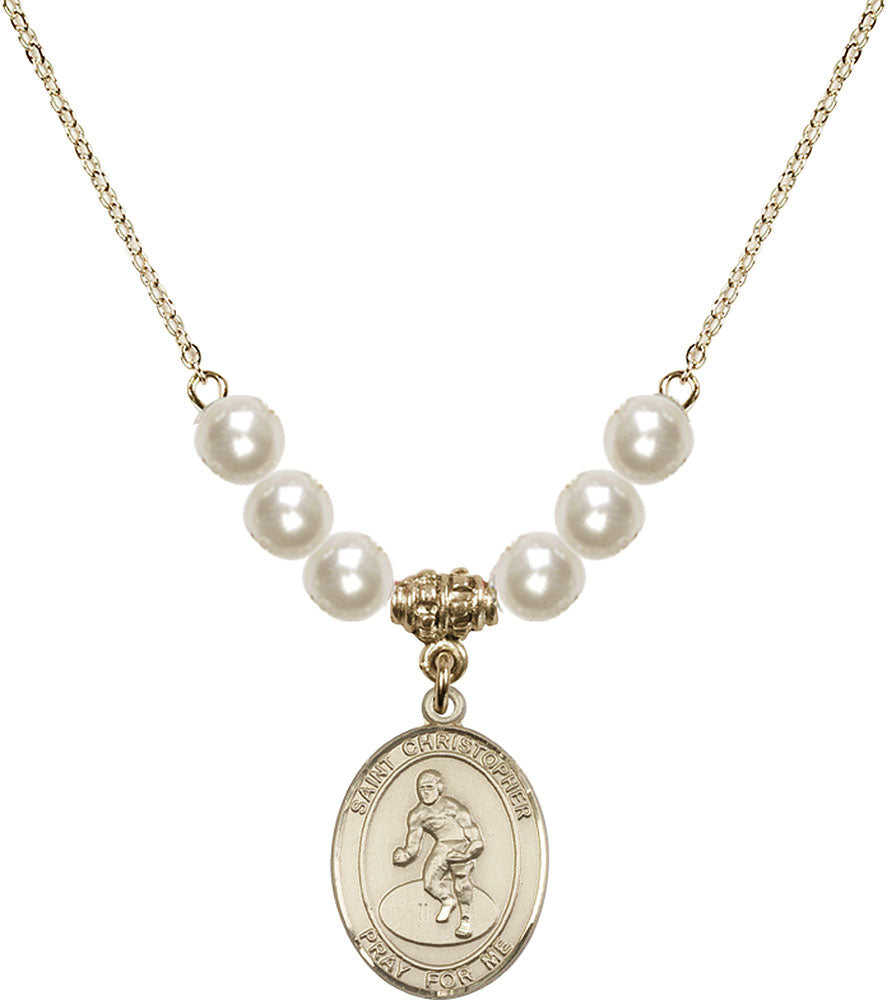 14kt Gold Filled Saint Christopher/Wrestling Birthstone Necklace with Faux-Pearl Beads - 8508
