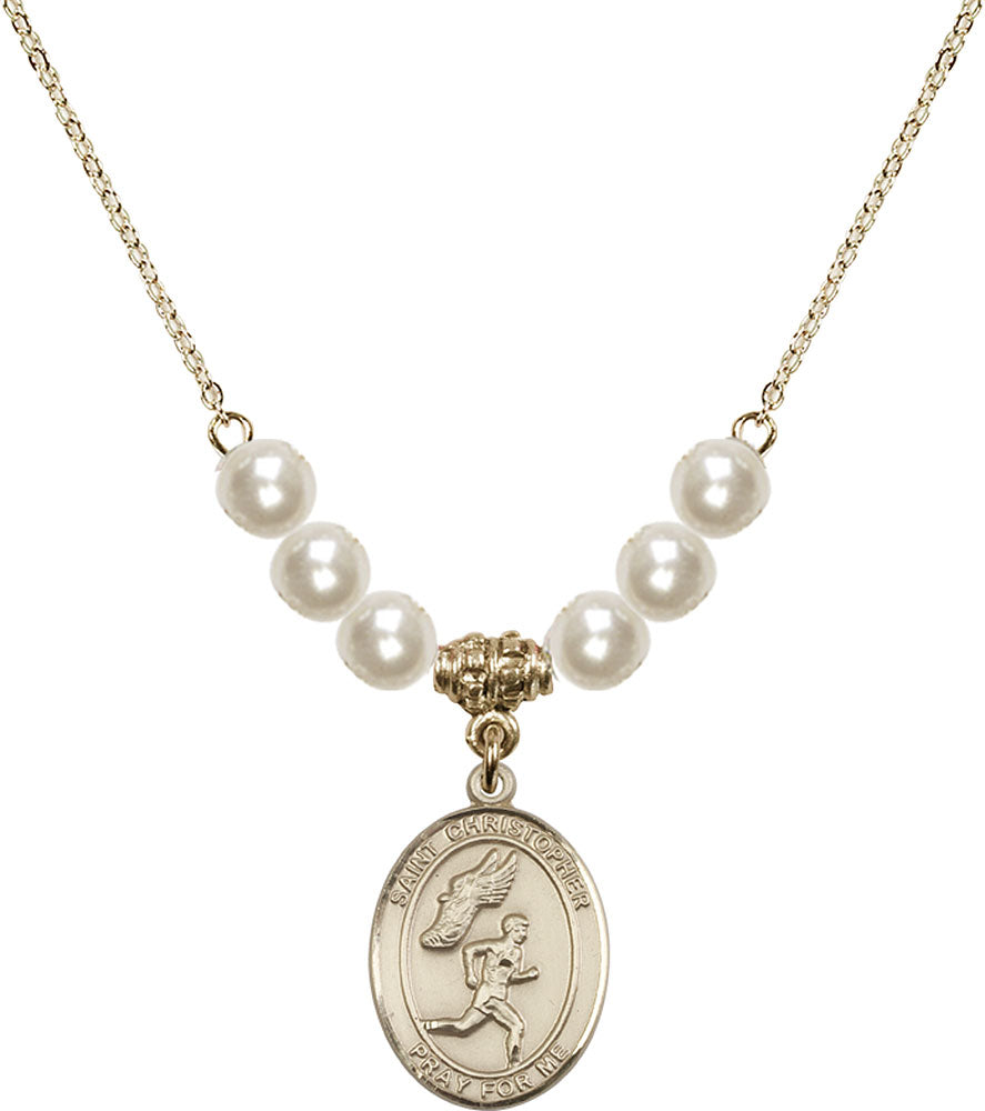 14kt Gold Filled Saint Christopher/Track&Field-Men Birthstone Necklace with Faux-Pearl Beads - 8509