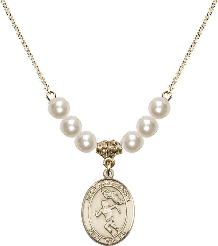 14kt Gold Filled Saint Christopher/Track&Field-Women Birthstone Necklace with Faux-Pearl Beads - 8510